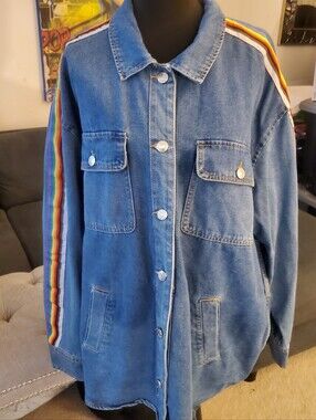 STOOSH Women's /UNISEX Denim Jacket with Rainbow Stripe Detail - Blue NWT